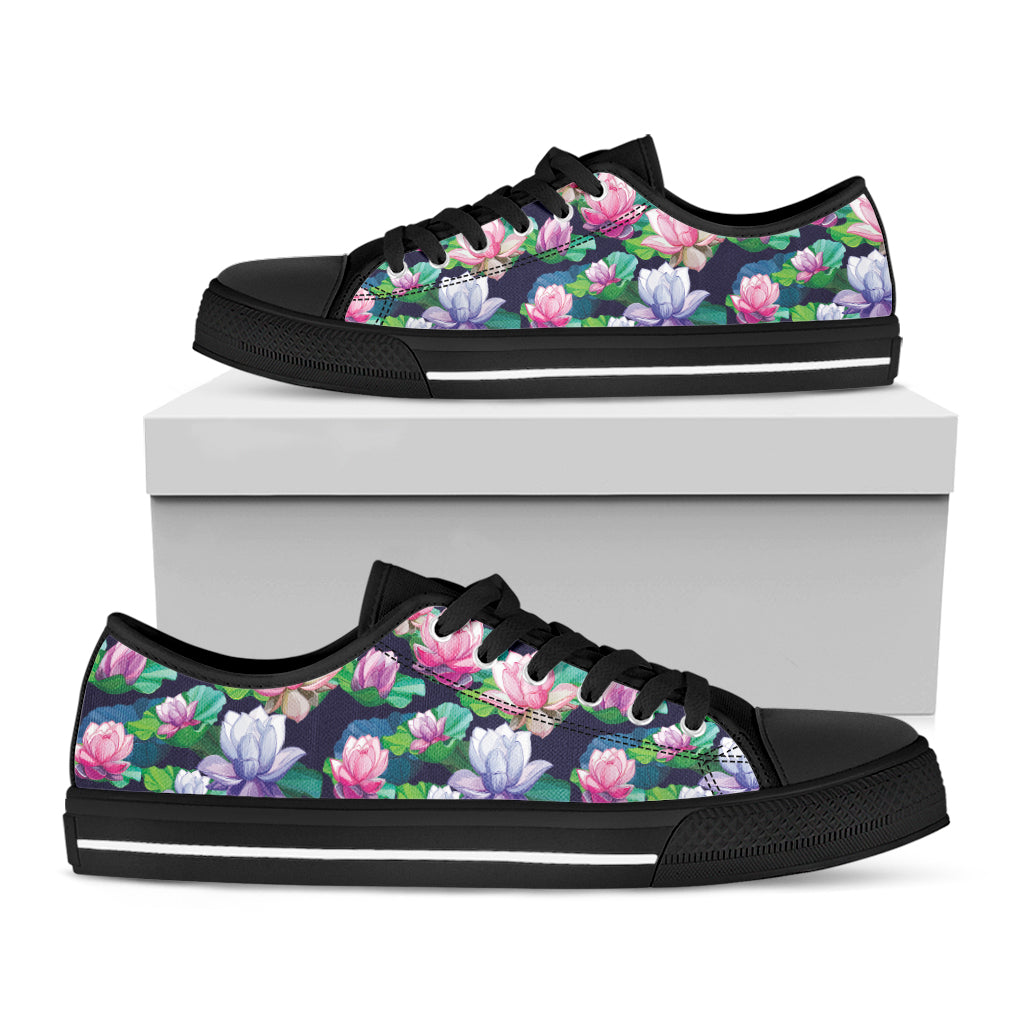 Vintage Lotus Floral Print Black Low Top Shoes