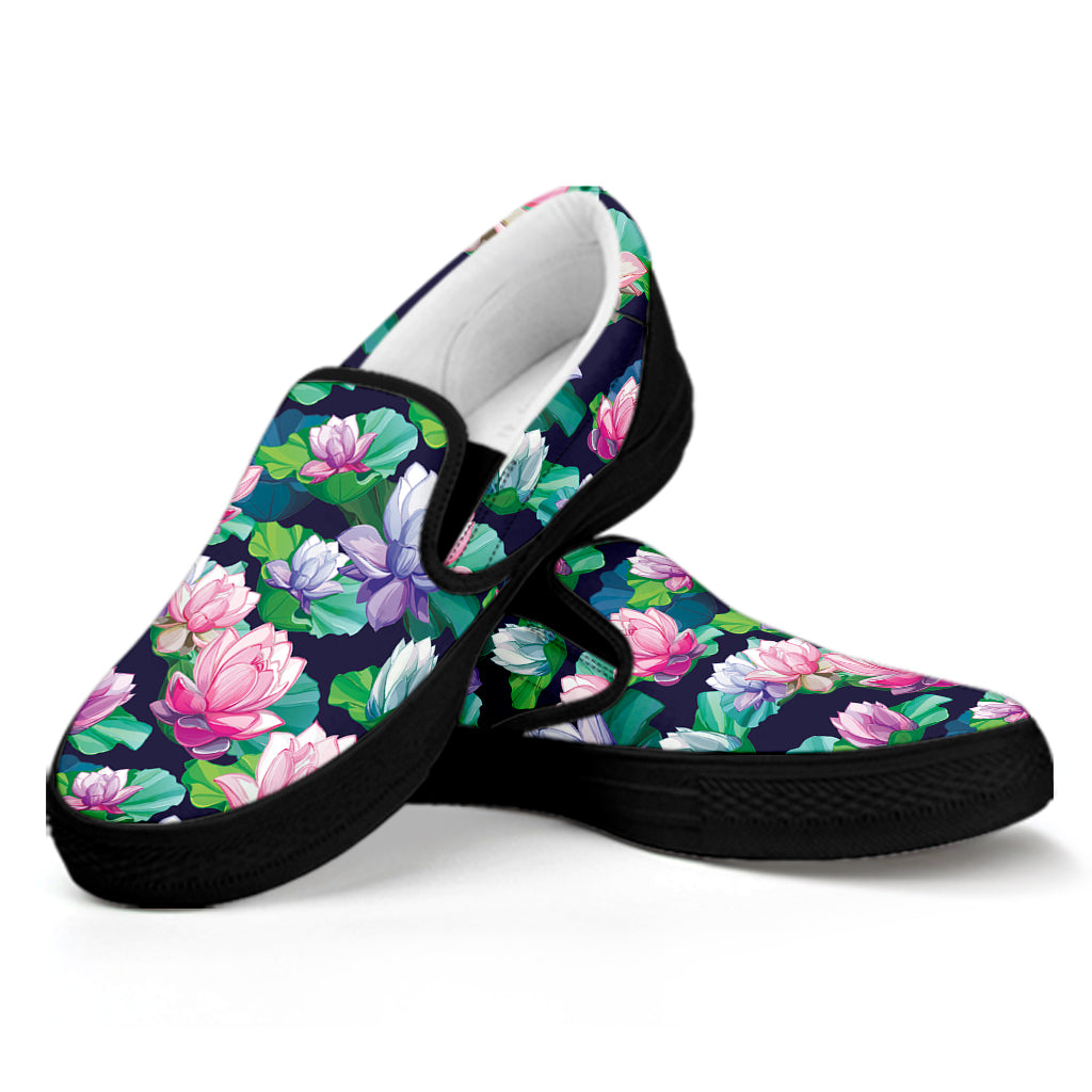 Vintage Lotus Floral Print Black Slip On Shoes