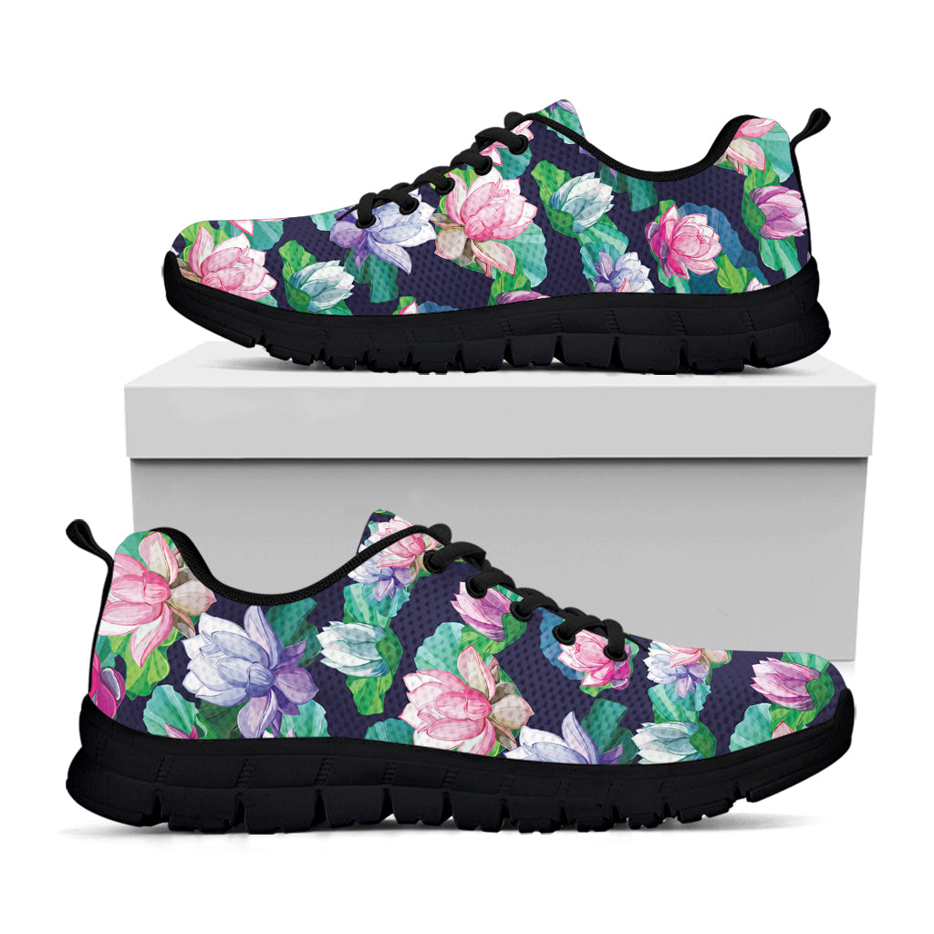 Vintage Lotus Floral Print Black Sneakers