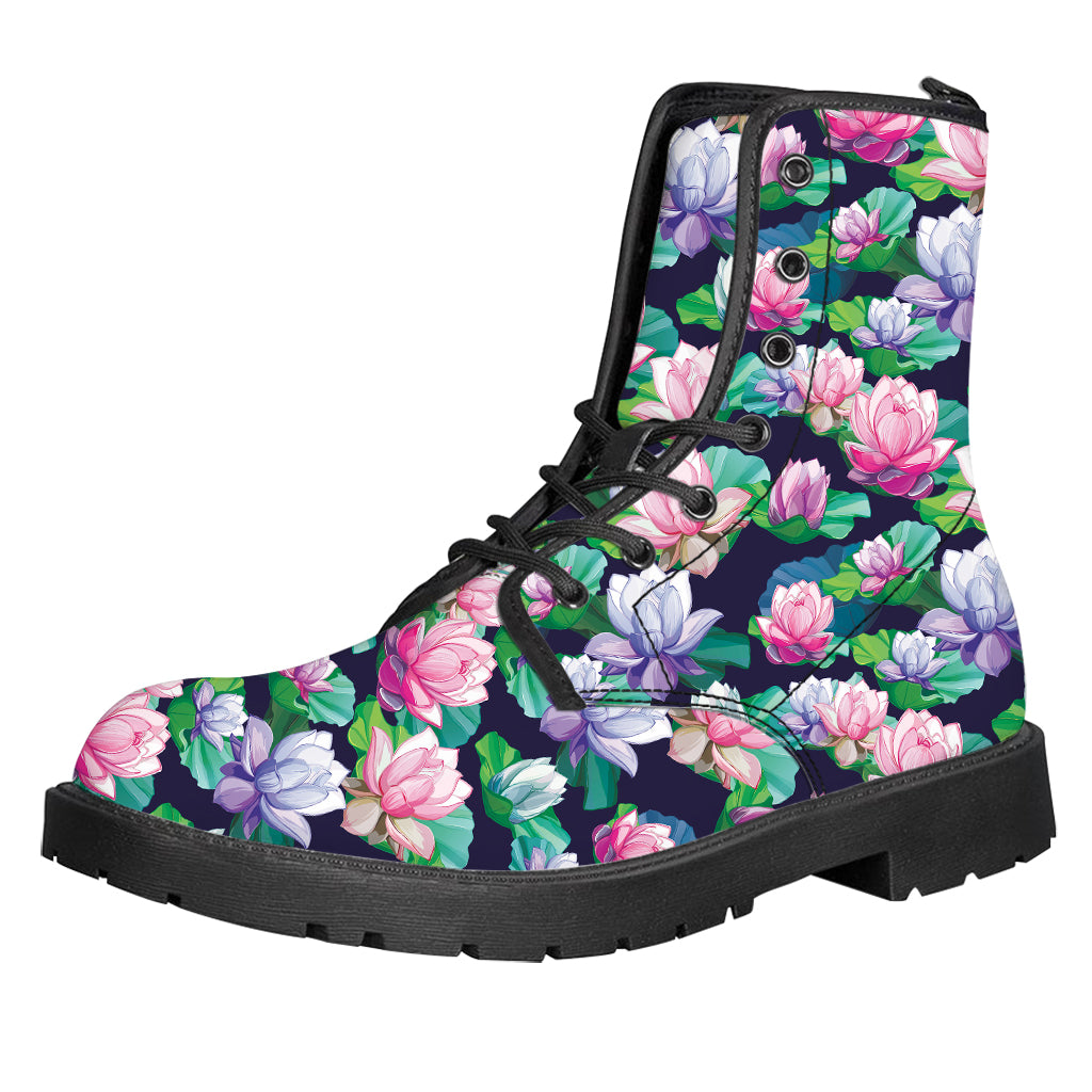 Vintage Lotus Floral Print Leather Boots