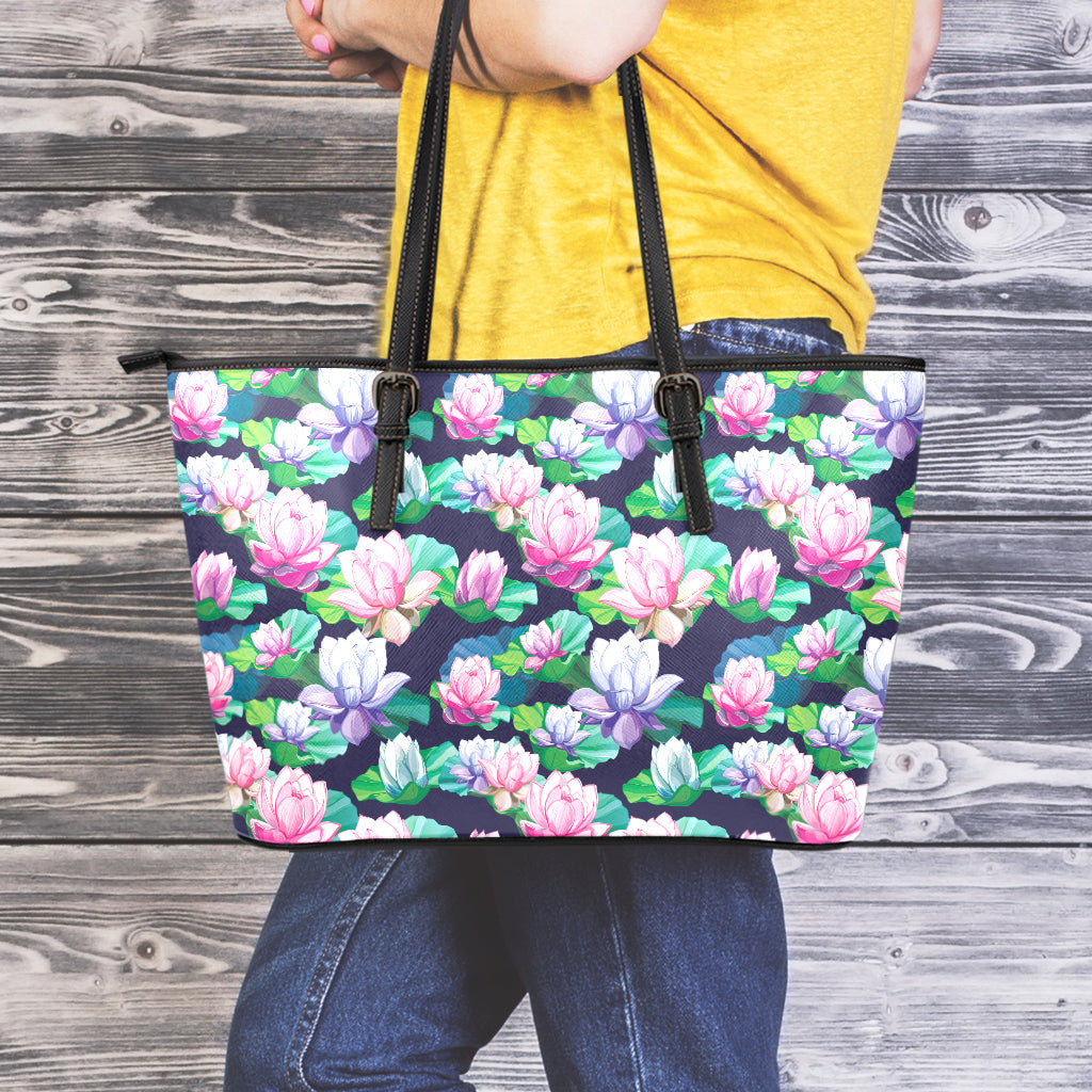 Vintage Lotus Floral Print Leather Tote Bag