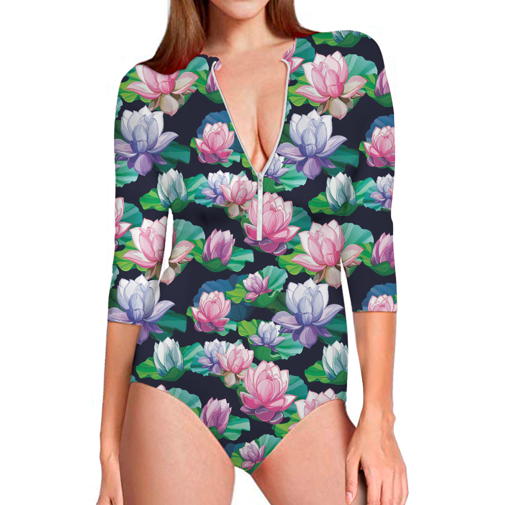 Vintage Lotus Floral Print Long Sleeve One Piece Swimsuit