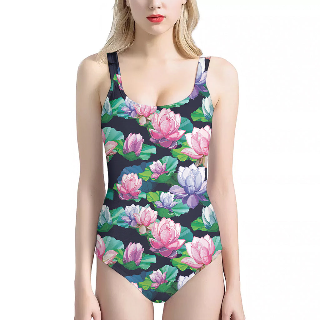 Vintage Lotus Floral Print One Piece Halter Neck Swimsuit