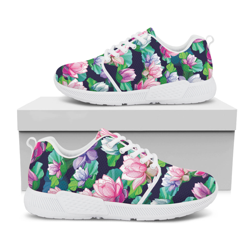 Vintage Lotus Floral Print White Athletic Shoes