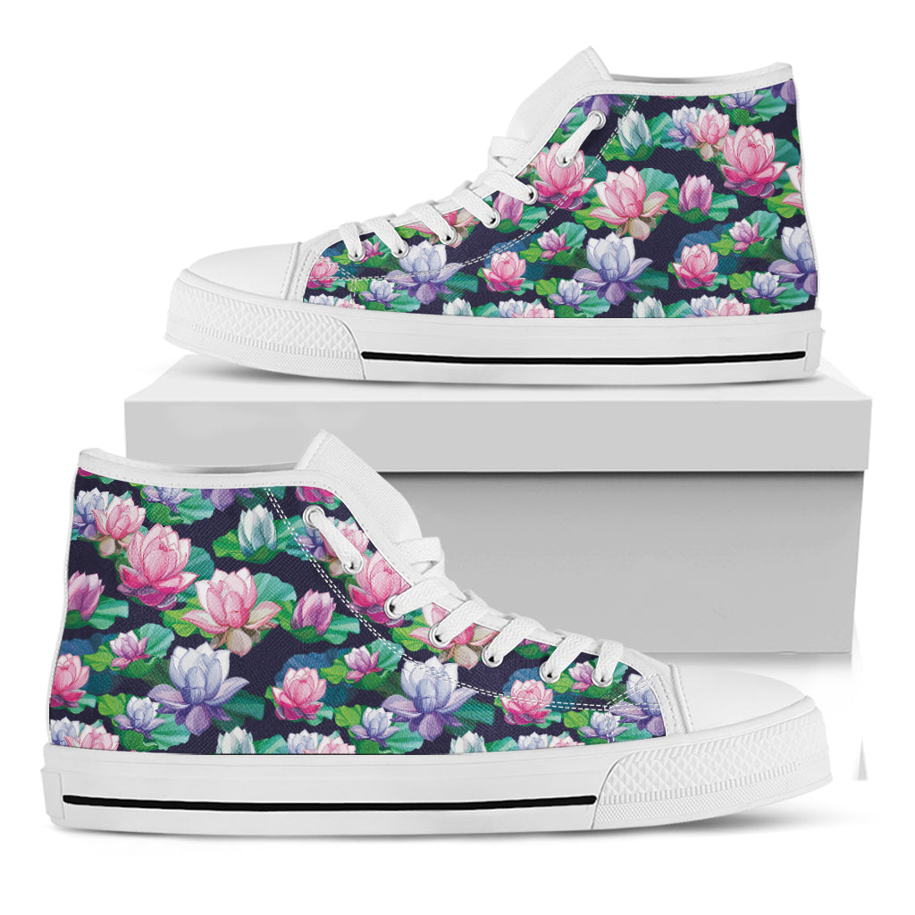 Vintage Lotus Floral Print White High Top Shoes