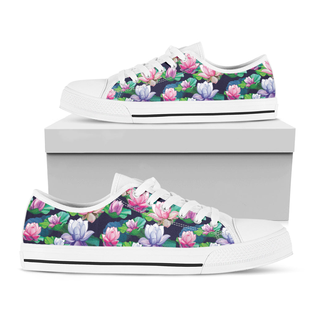 Vintage Lotus Floral Print White Low Top Shoes