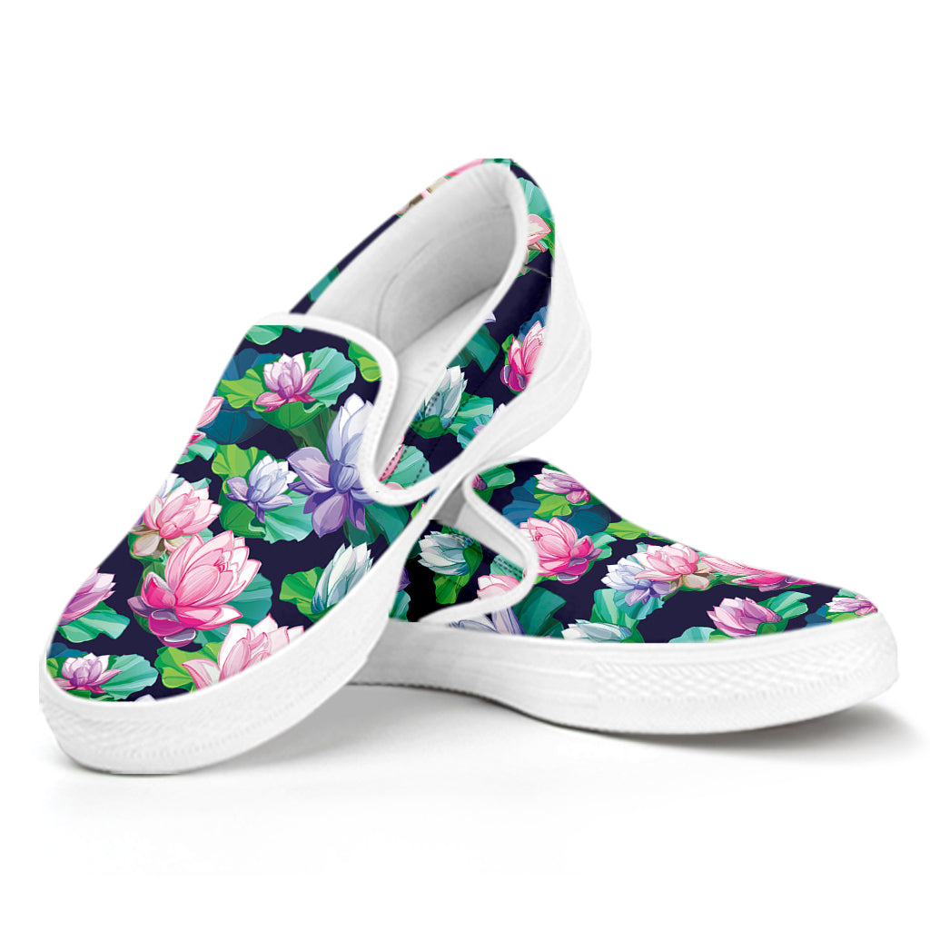 Vintage Lotus Floral Print White Slip On Shoes