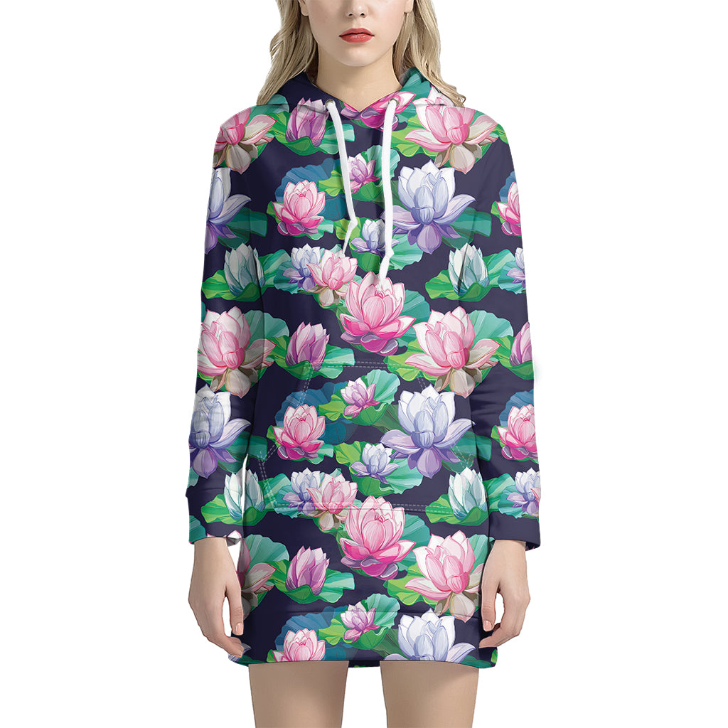 Vintage Lotus Floral Print Women's Pullover Hoodie Dress