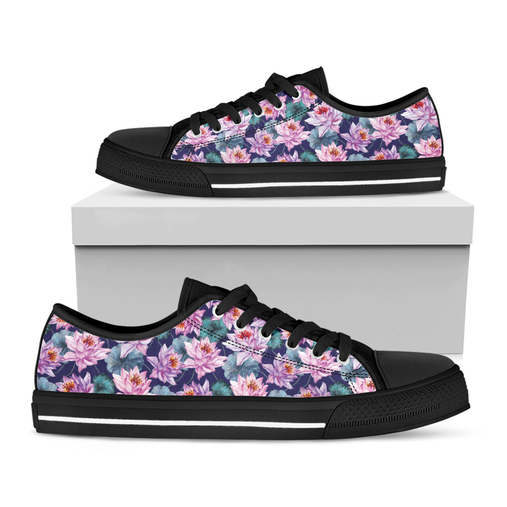 Vintage Lotus Flower Print Black Low Top Shoes