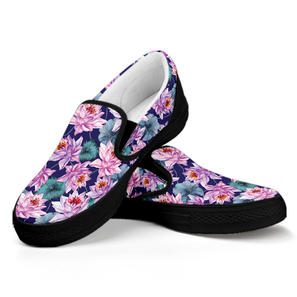 Vintage Lotus Flower Print Black Slip On Shoes