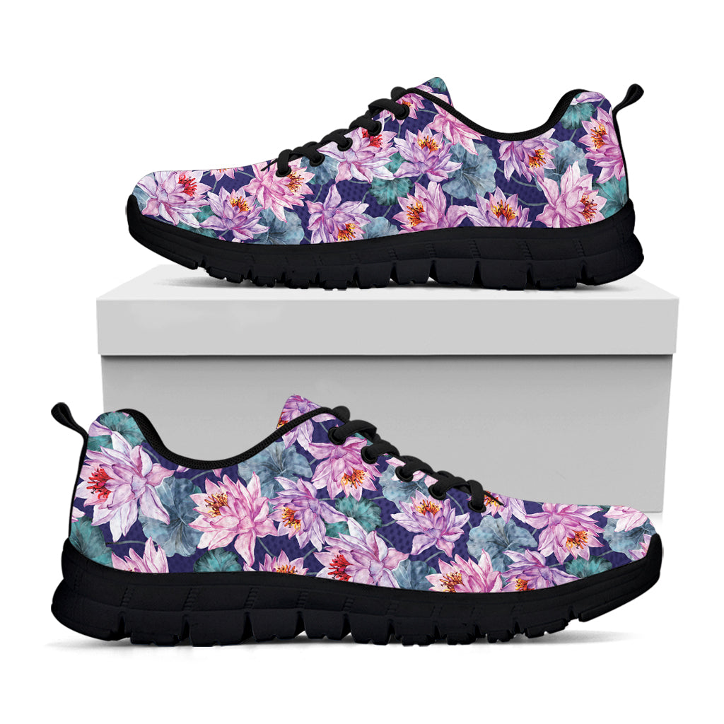 Vintage Lotus Flower Print Black Sneakers