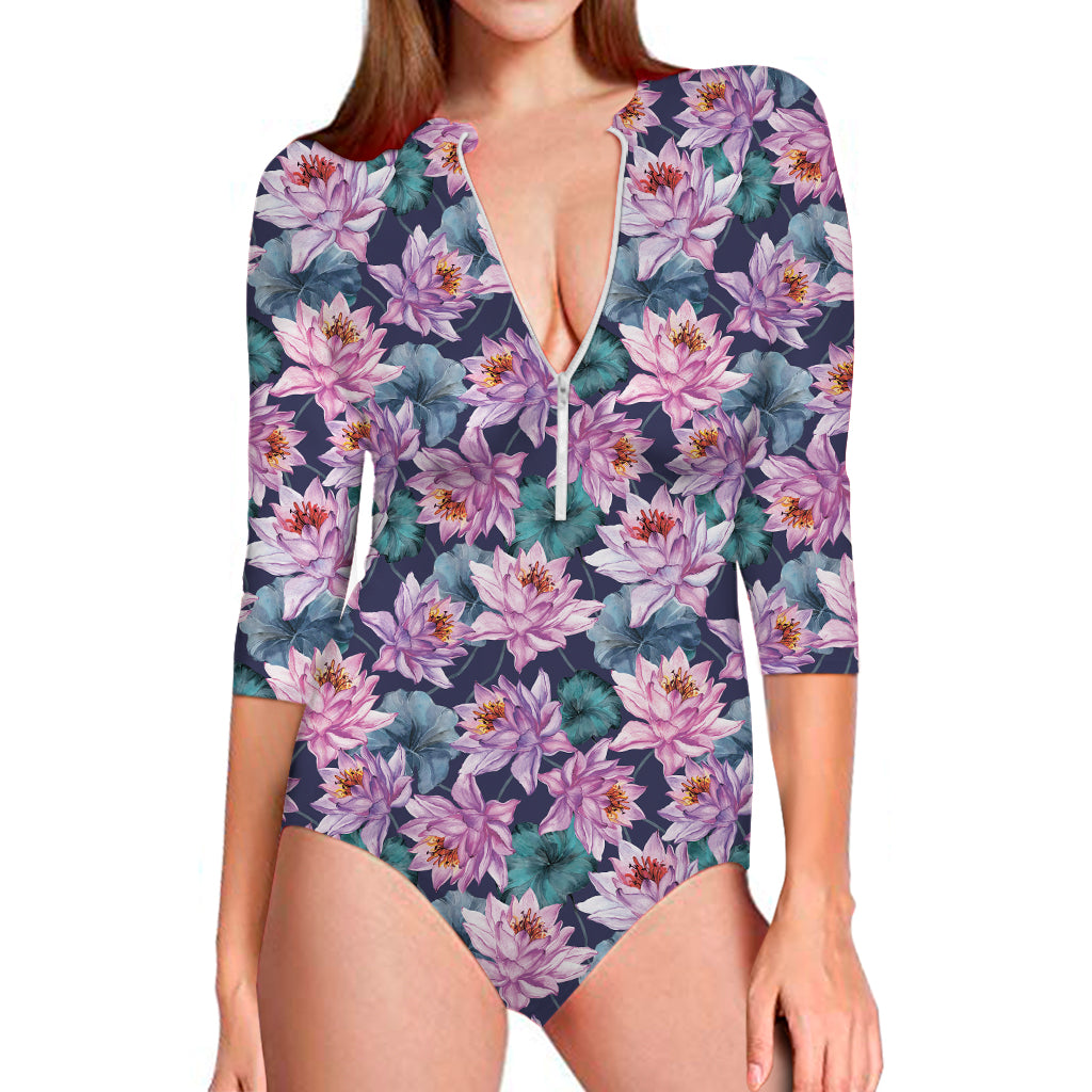 Vintage Lotus Flower Print Long Sleeve One Piece Swimsuit