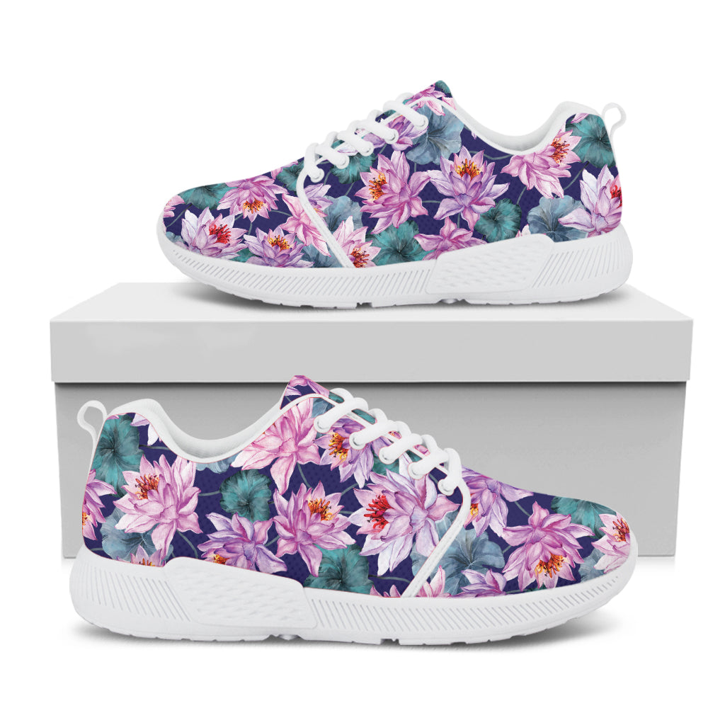 Vintage Lotus Flower Print White Athletic Shoes