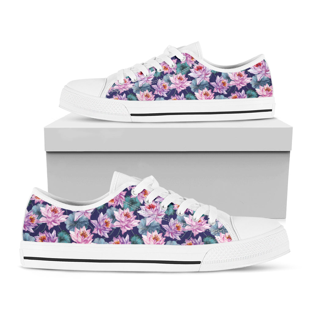 Vintage Lotus Flower Print White Low Top Shoes