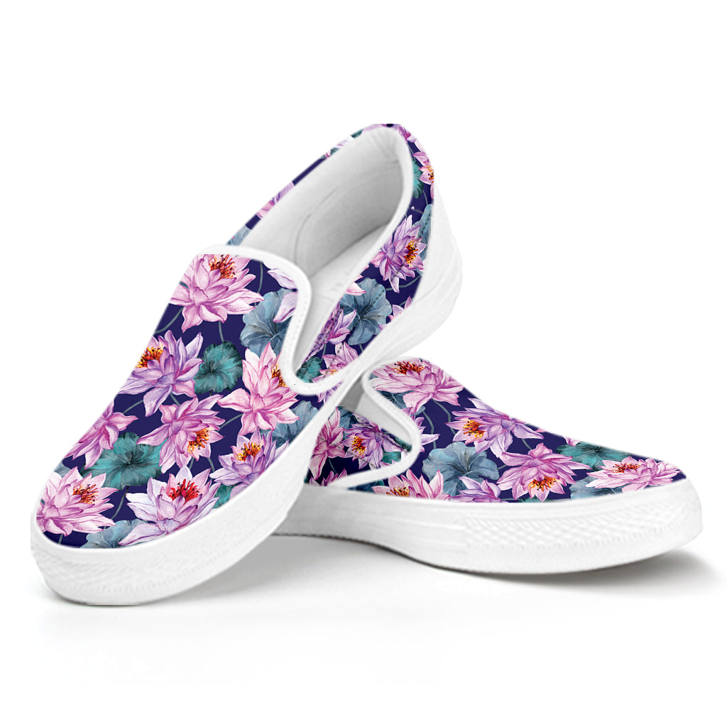 Vintage Lotus Flower Print White Slip On Shoes