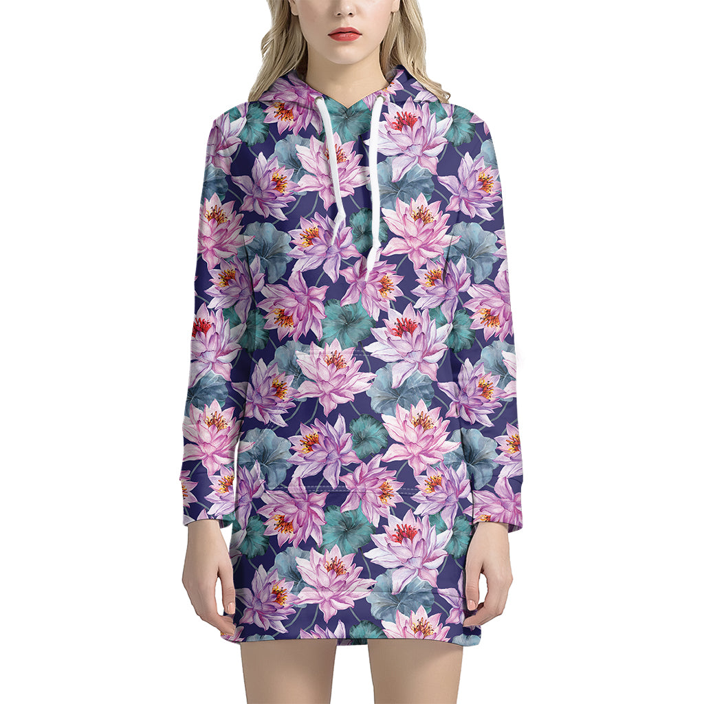 Vintage Lotus Flower Print Women's Pullover Hoodie Dress