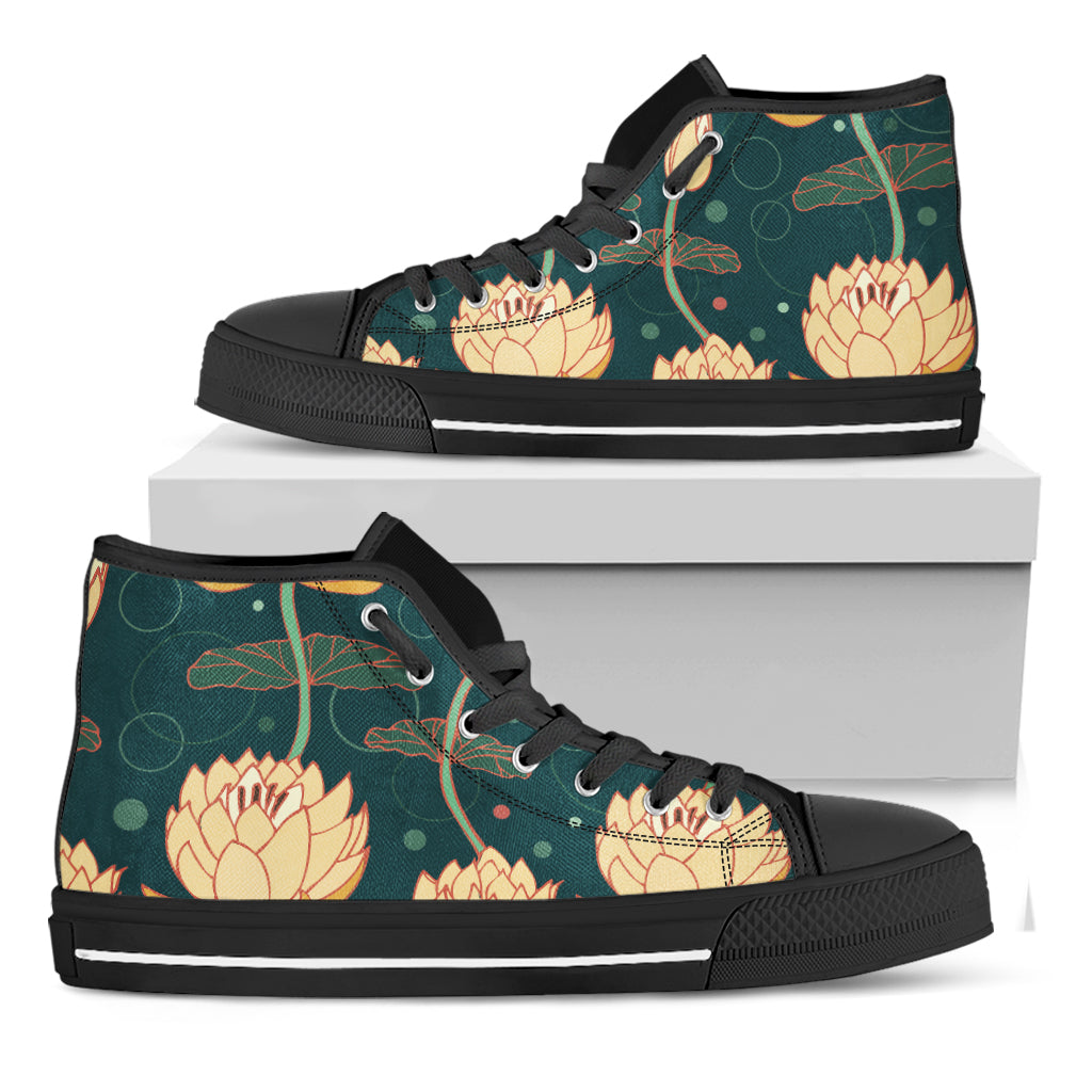 Vintage Lotus Pattern Print Black High Top Shoes