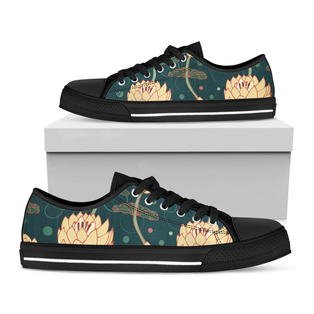 Vintage Lotus Pattern Print Black Low Top Shoes