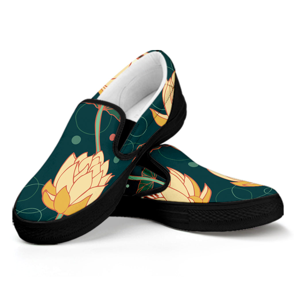 Vintage Lotus Pattern Print Black Slip On Shoes