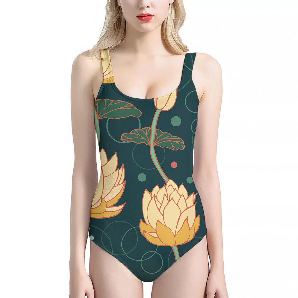 Vintage Lotus Pattern Print One Piece Halter Neck Swimsuit