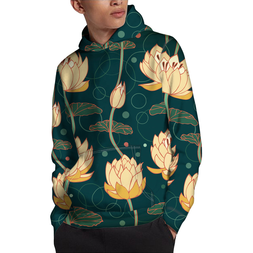 Vintage Lotus Pattern Print Pullover Hoodie