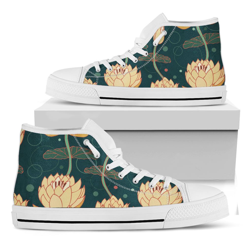 Vintage Lotus Pattern Print White High Top Shoes