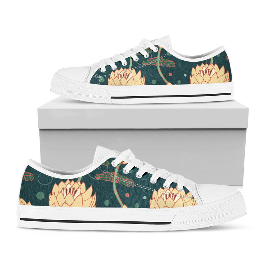 Vintage Lotus Pattern Print White Low Top Shoes