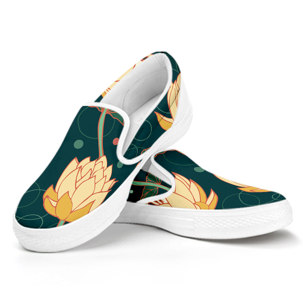 Vintage Lotus Pattern Print White Slip On Shoes