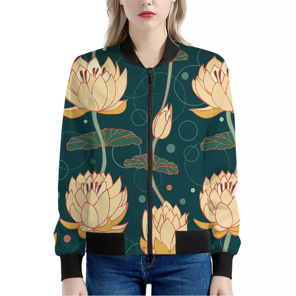 Vintage Lotus Pattern Print Women's Bomber Jacket