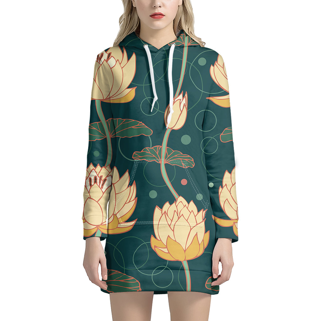 Vintage Lotus Pattern Print Women's Pullover Hoodie Dress