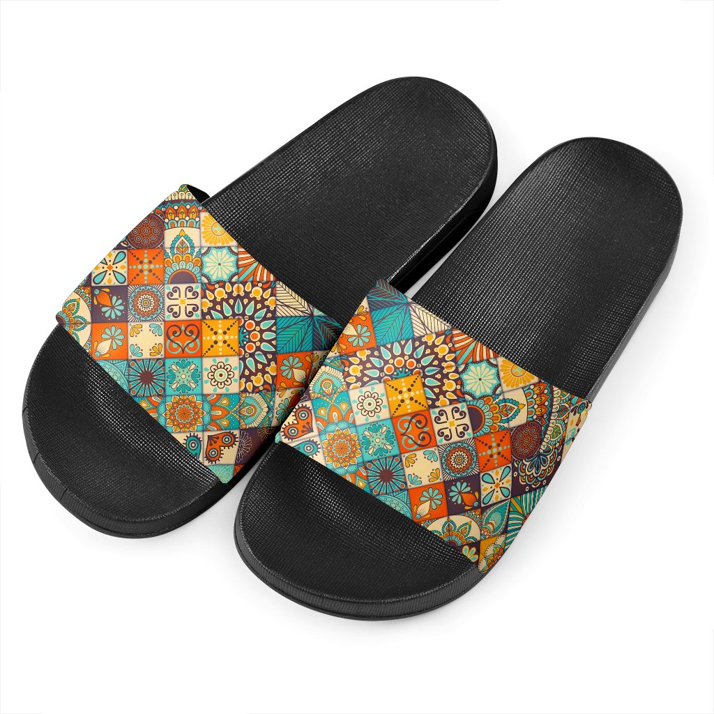 Vintage Mandala Bohemian Pattern Print Black Slide Sandals