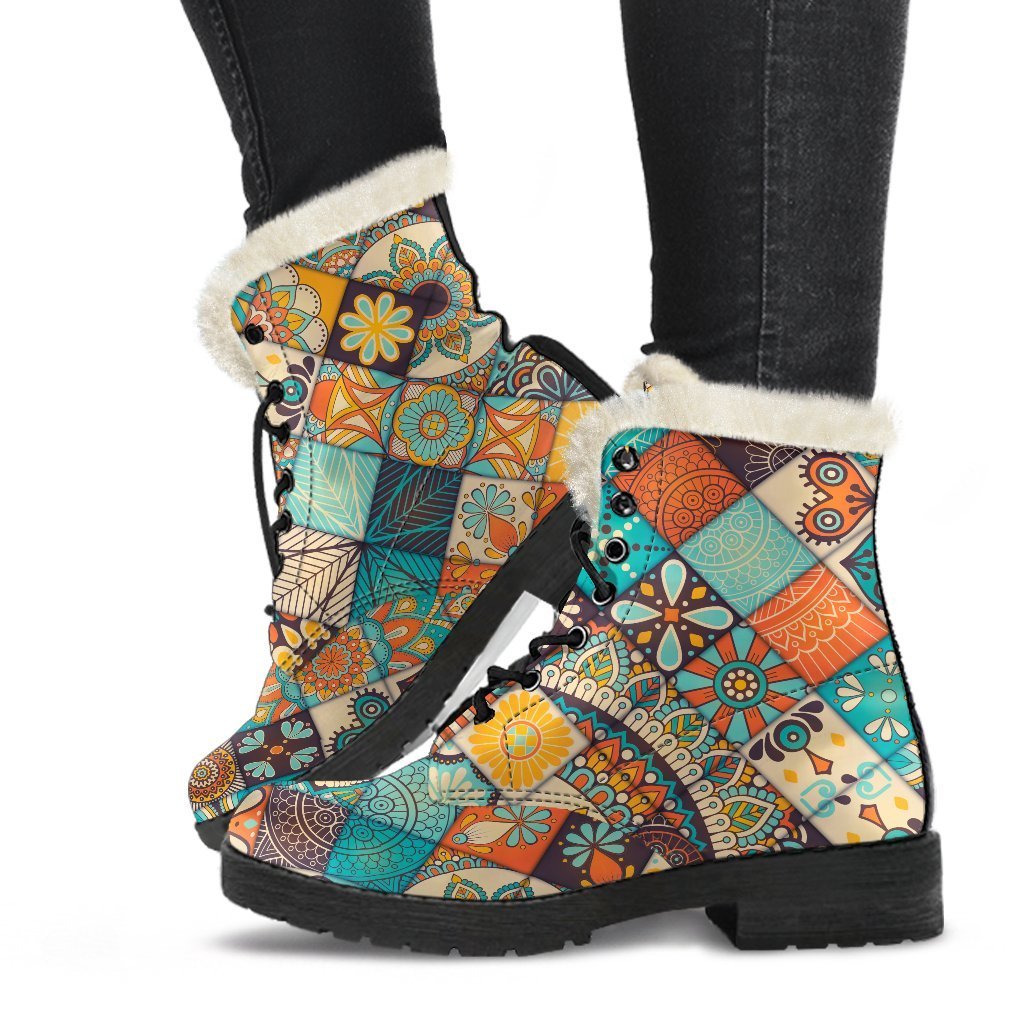 Vintage Mandala Bohemian Pattern Print Faux Fur Leather Boots