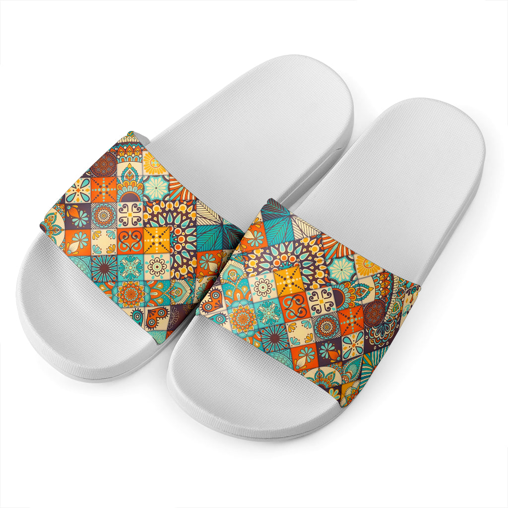 Vintage Mandala Bohemian Pattern Print White Slide Sandals