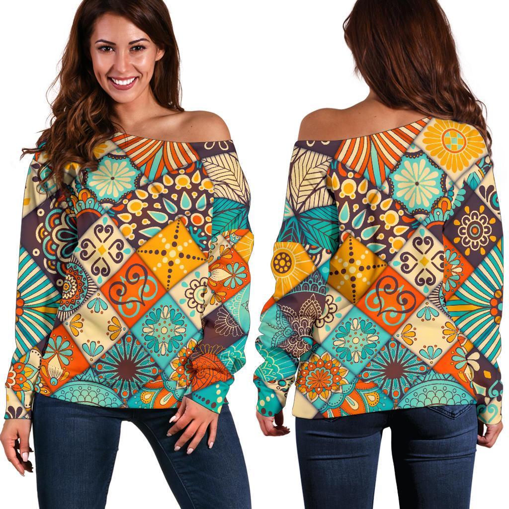 Vintage Mandala Bohemian Pattern Print Women's Off-Shoulder Sweatshirt