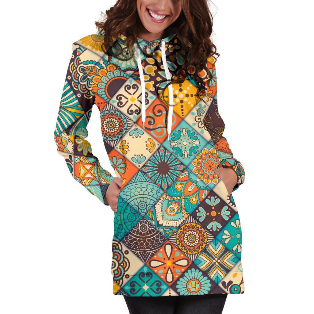 Vintage Mandala Bohemian Pattern Print Women's Pullover Hoodie Dress