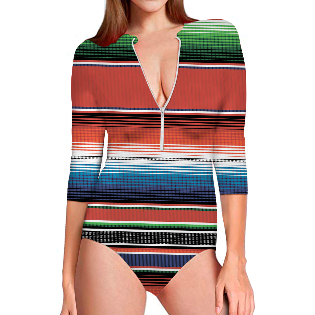 Vintage Mexican Serape Pattern Print Long Sleeve One Piece Swimsuit