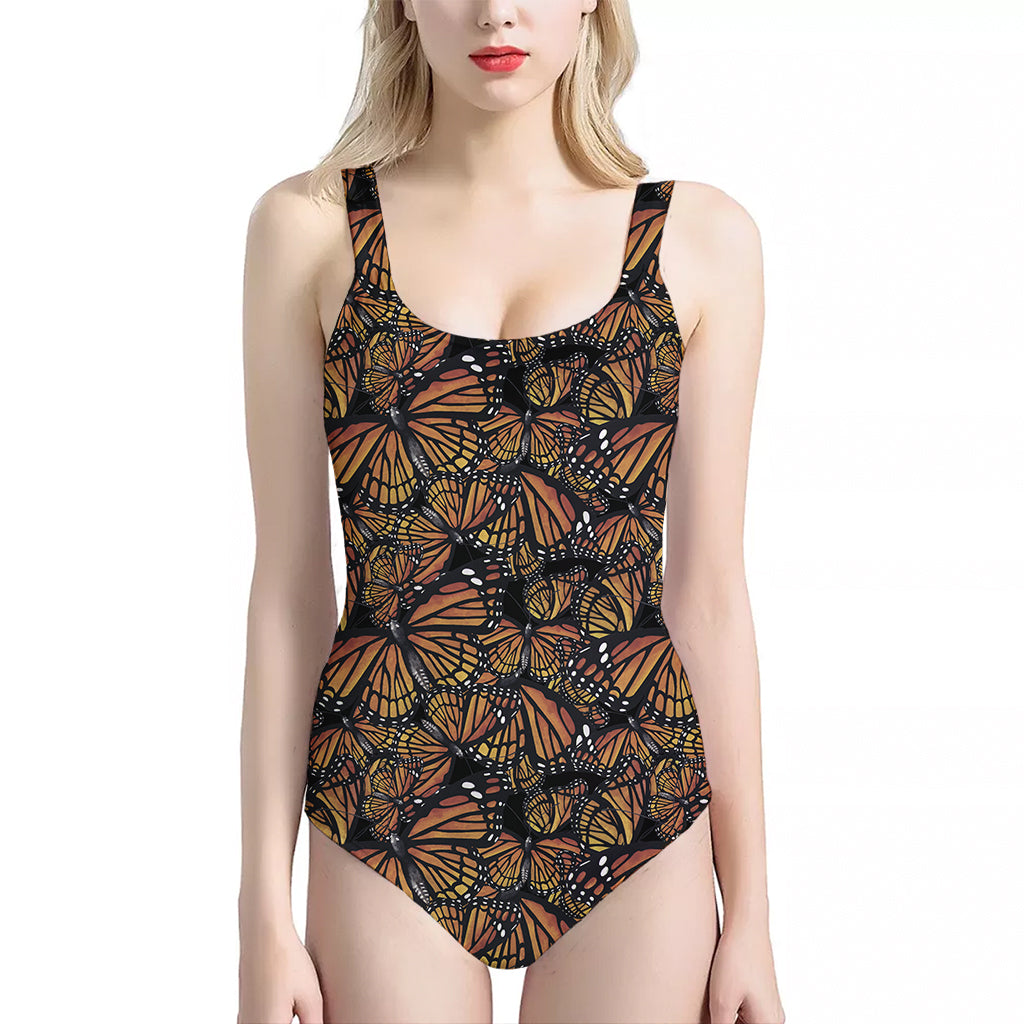 Vintage Monarch Butterfly Pattern Print One Piece Halter Neck Swimsuit