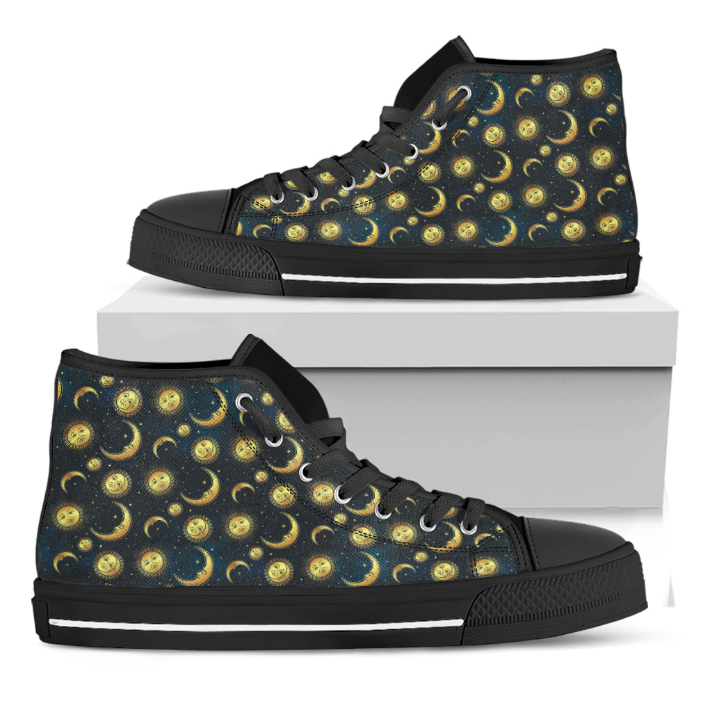 Vintage Moon And Sun Pattern Print Black High Top Shoes