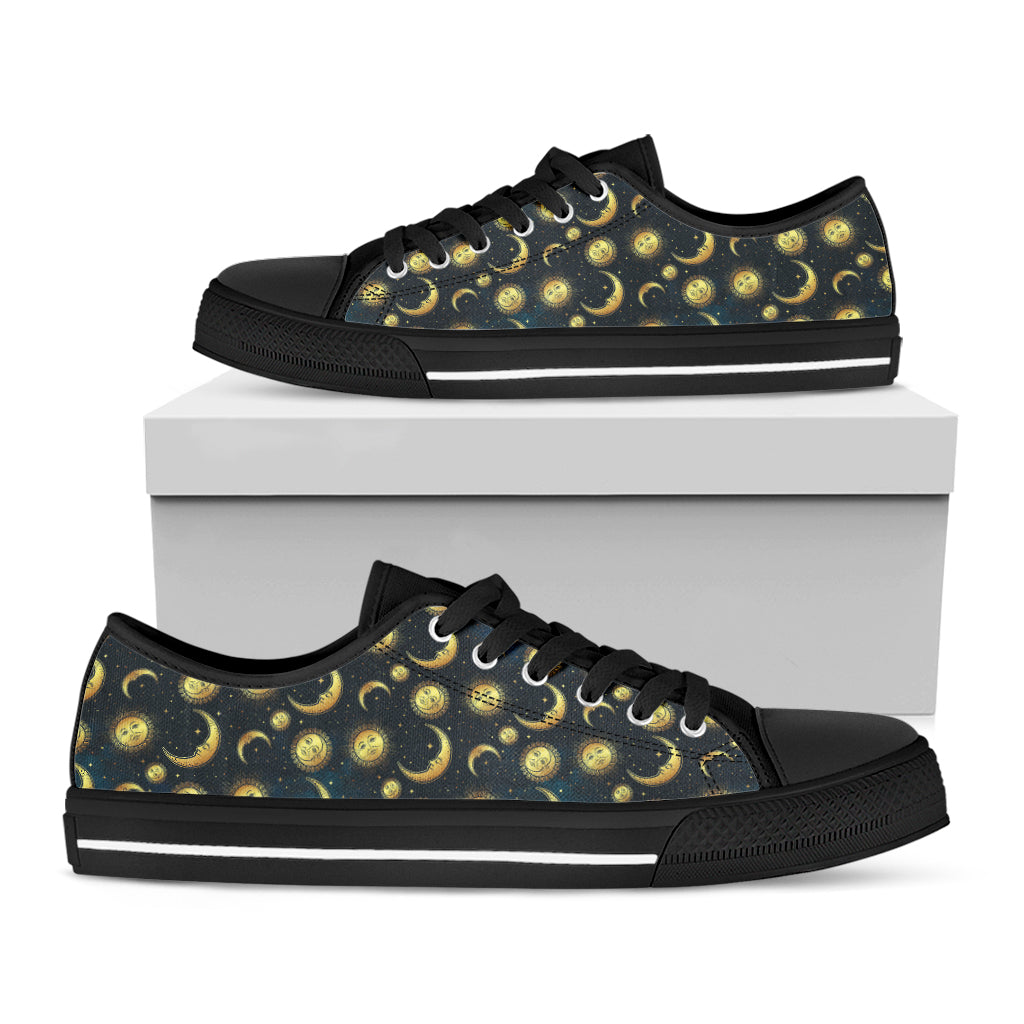 Vintage Moon And Sun Pattern Print Black Low Top Shoes