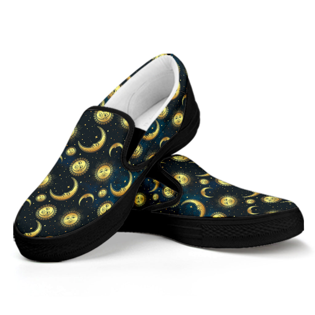 Vintage Moon And Sun Pattern Print Black Slip On Shoes