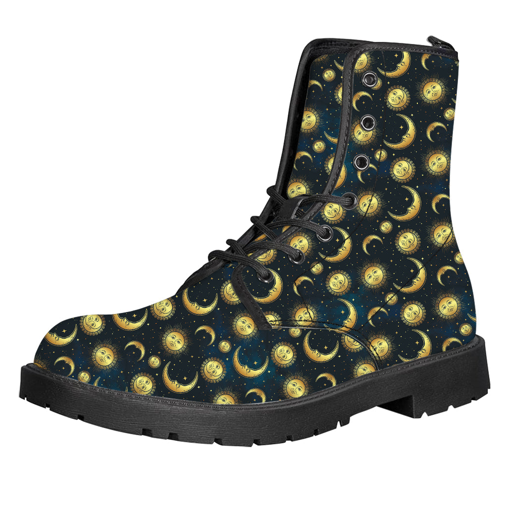 Vintage Moon And Sun Pattern Print Leather Boots