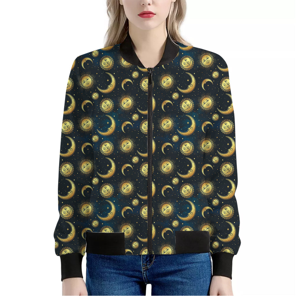 Vintage Moon And Sun Pattern Print Women's Bomber Jacket