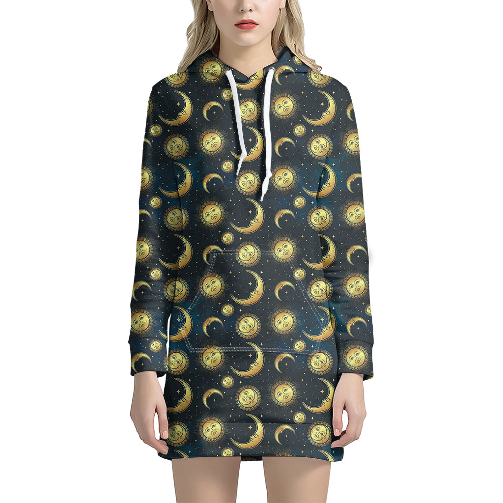 Vintage Moon And Sun Pattern Print Women's Pullover Hoodie Dress