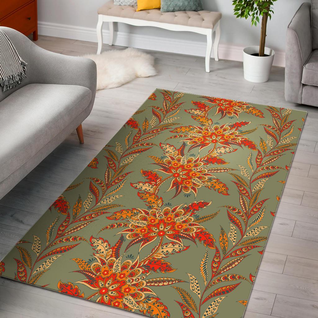 Vintage Orange Bohemian Floral Print Area Rug