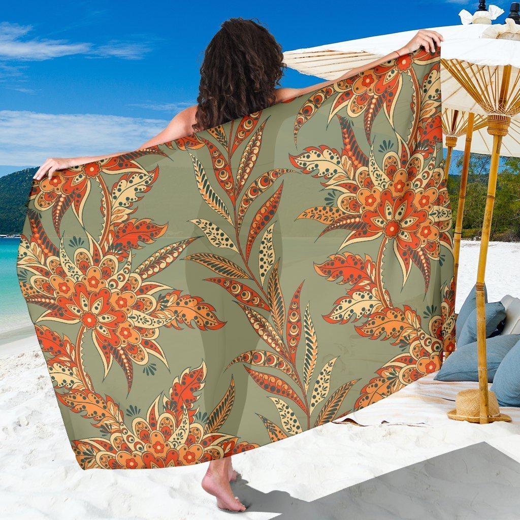 Vintage Orange Bohemian Floral Print Beach Sarong Wrap