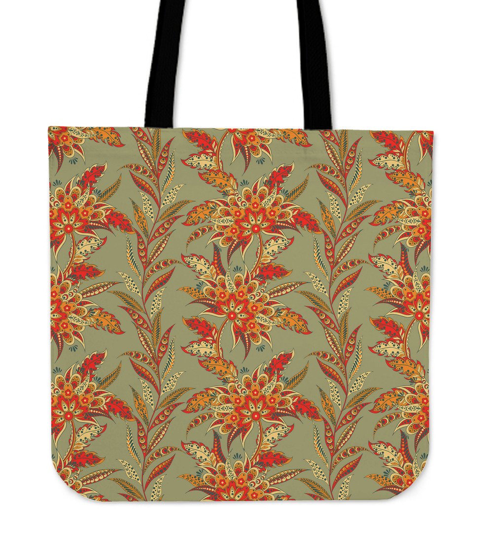 Vintage Orange Bohemian Floral Print Canvas Tote Bag