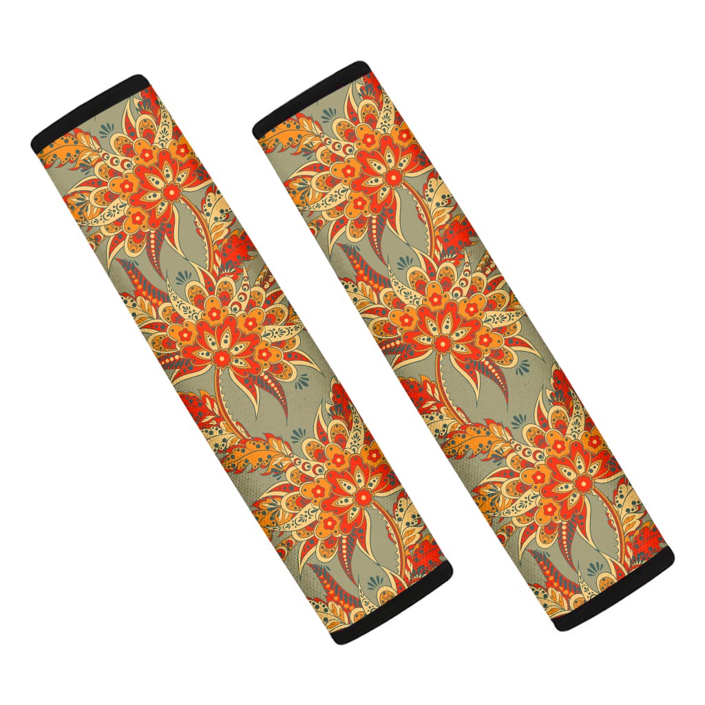 Vintage Orange Bohemian Floral Print Car Seat Belt Covers