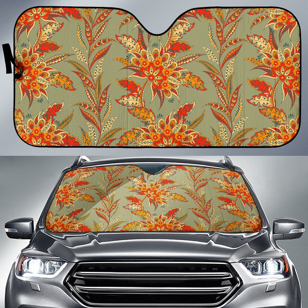 Vintage Orange Bohemian Floral Print Car Sun Shade