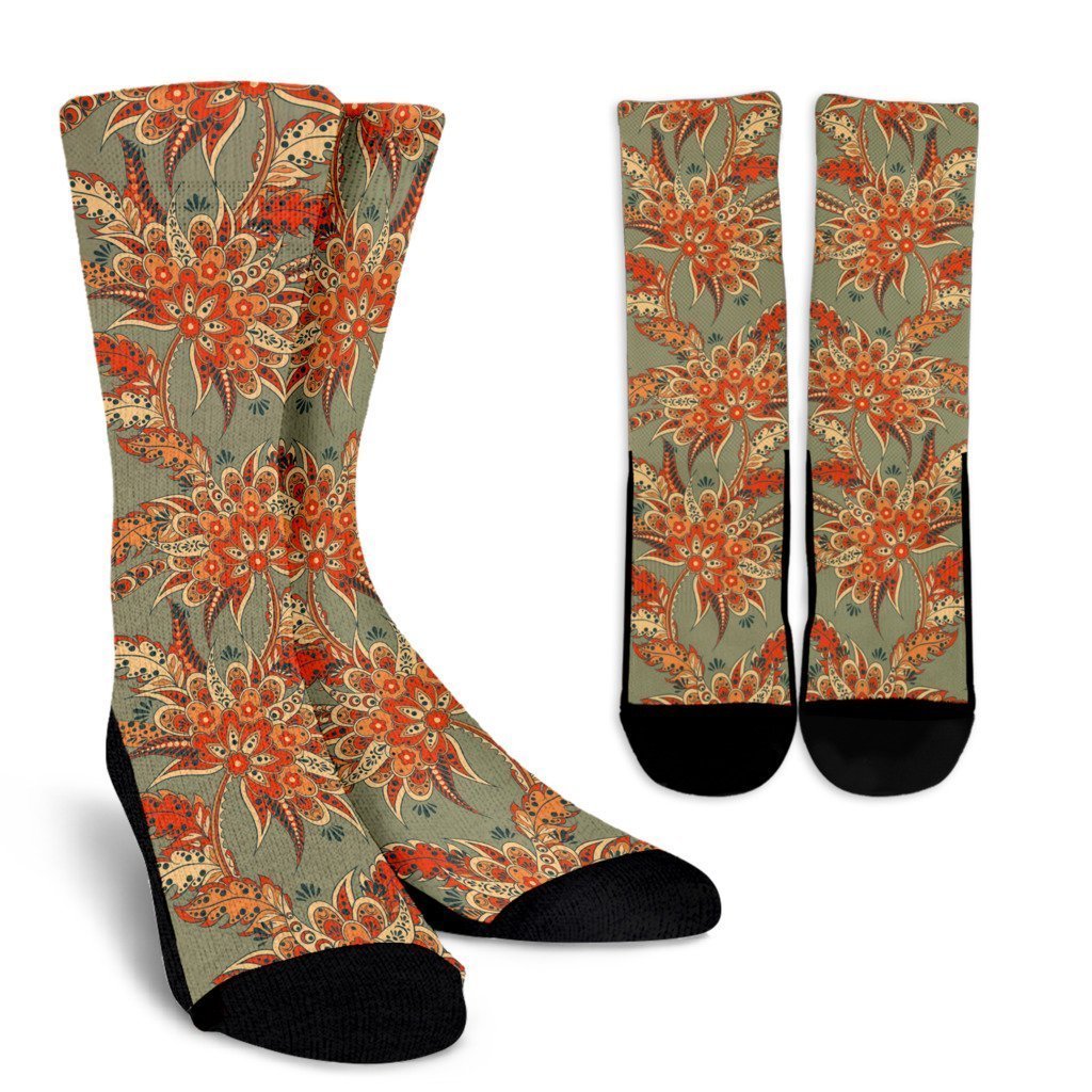 Vintage Orange Bohemian Floral Print Crew Socks