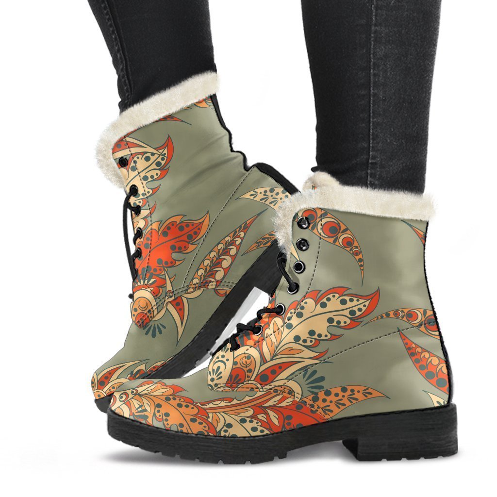 Vintage Orange Bohemian Floral Print Faux Fur Leather Boots